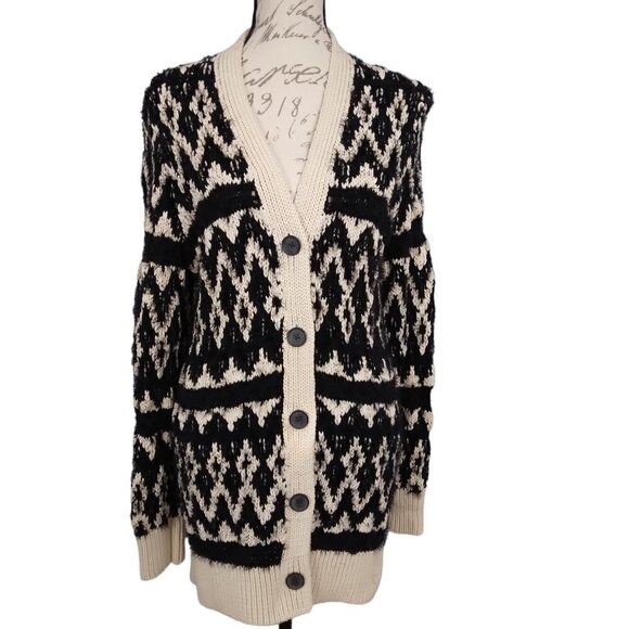 Lucky Brand | Diamond Fair Isle Cardigan Black Ivory | Size M - Picture 2 of 13